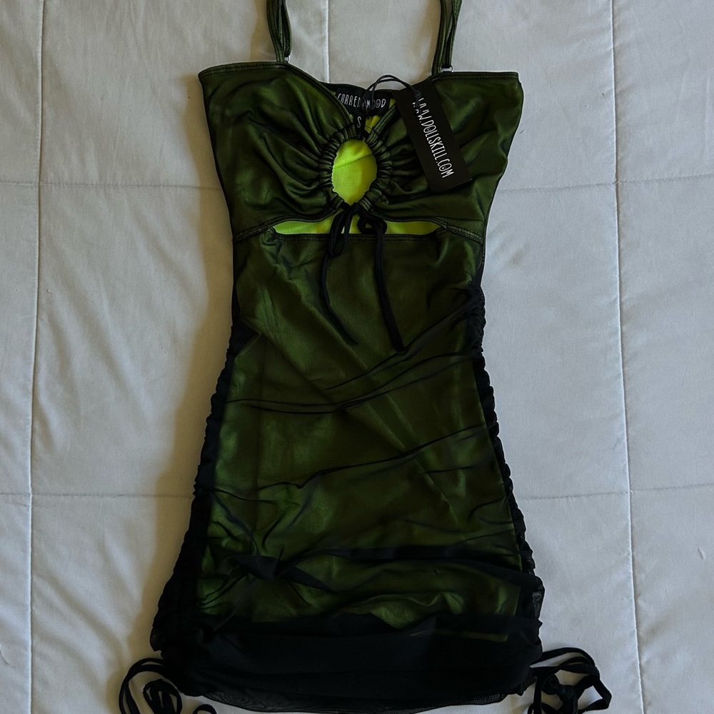 NEW WITH TAGS dollskill green and black ruched mini dress